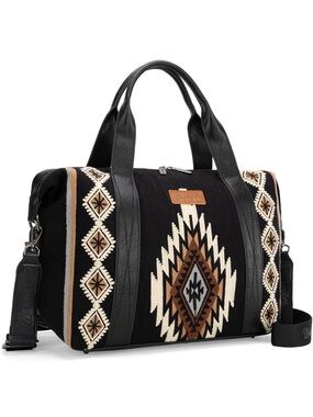 Wrangler Aztec Pattern Travel Weekender Duffle – Black, Cream & Brown